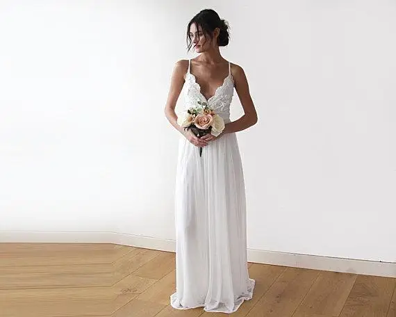 Новые Boho Простые Свадебные платья кружево шифон Длина Свадебные платья с низким вырезом на спине, пляжные богемные пикантное свадебное платье X-вид сзади