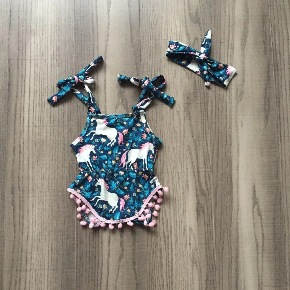 new arrival baby girls boutique clothing navy unicorn floral infant cotton pom-pom tutu romper Toddler milk silk match headwear | Детская
