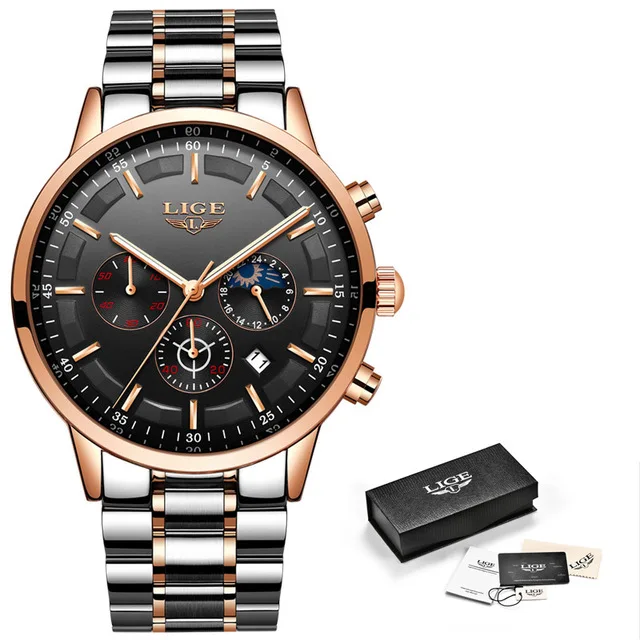 Rose Gold Black LIGE, новинка, мужские военные спортивные часы, повседневные, модные, водонепроницаемые, кварцевые часы, мужские, топ, люксовый бренд, хронограф, часы, Reloj Hombre - Цвет: Rose Gold Black