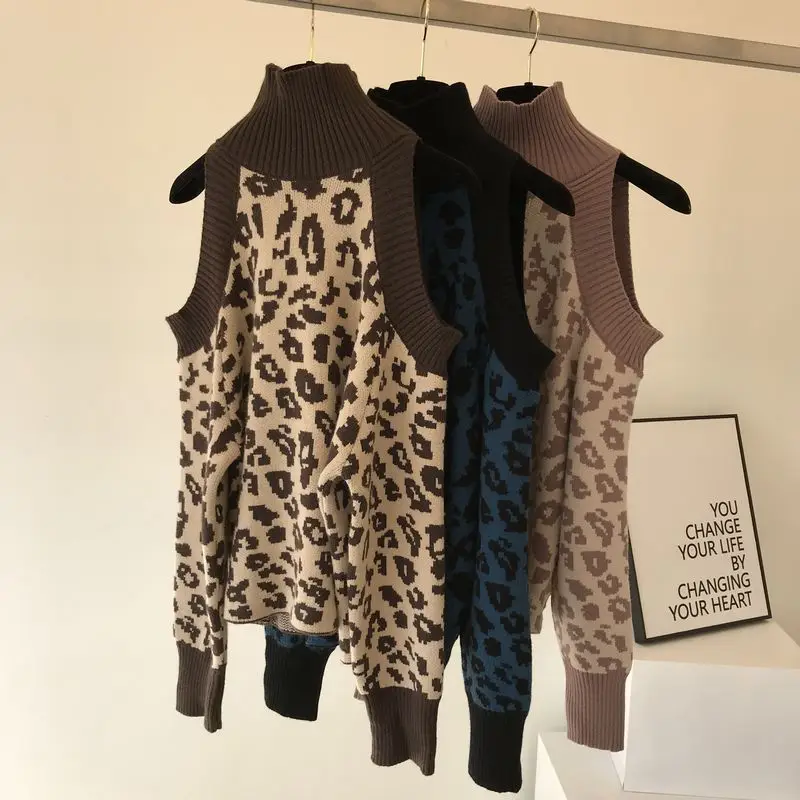 Amolapha Women Off Shoulder Leopard Print Turtleneck Knitted Sweater Jumper Tops Woman Fashion Sweaters Costumes | Женская одежда