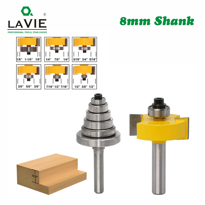 

LAVIE 2PCS 8mm Shank Rabbet Router Bit with 6 Adjustable Bearings Tenon Milling Cutter Cemented Carbide Woodworking Bits MC02049