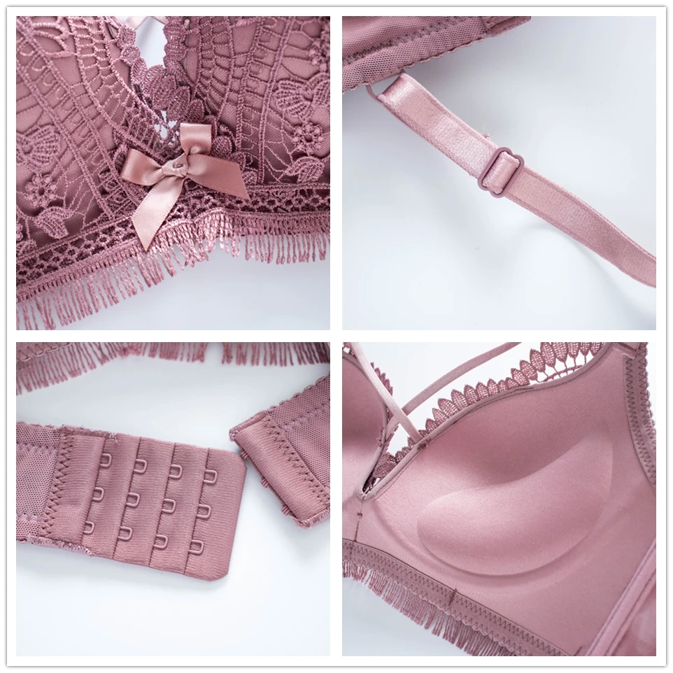 New Women's Comfort Push-Up Deep V Bra Set Solid Color Brassiere + Sexy Panties Brief Lace Lingerie Underwear | Женская одежда