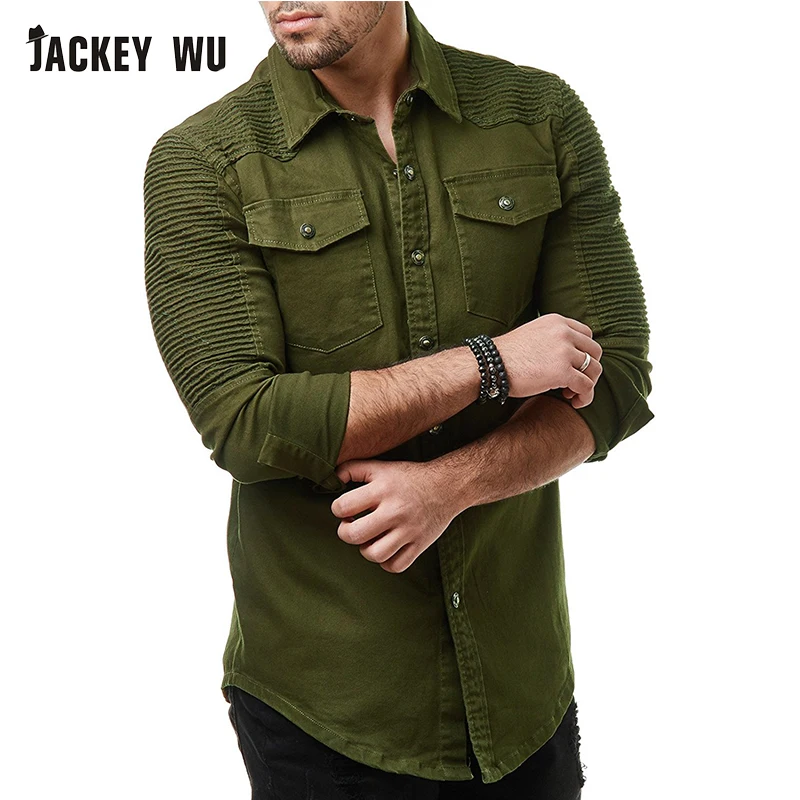 Бренд JACKEYWU джинсовая рубашка для мужчин мода 2019 плиссированные джинсовые