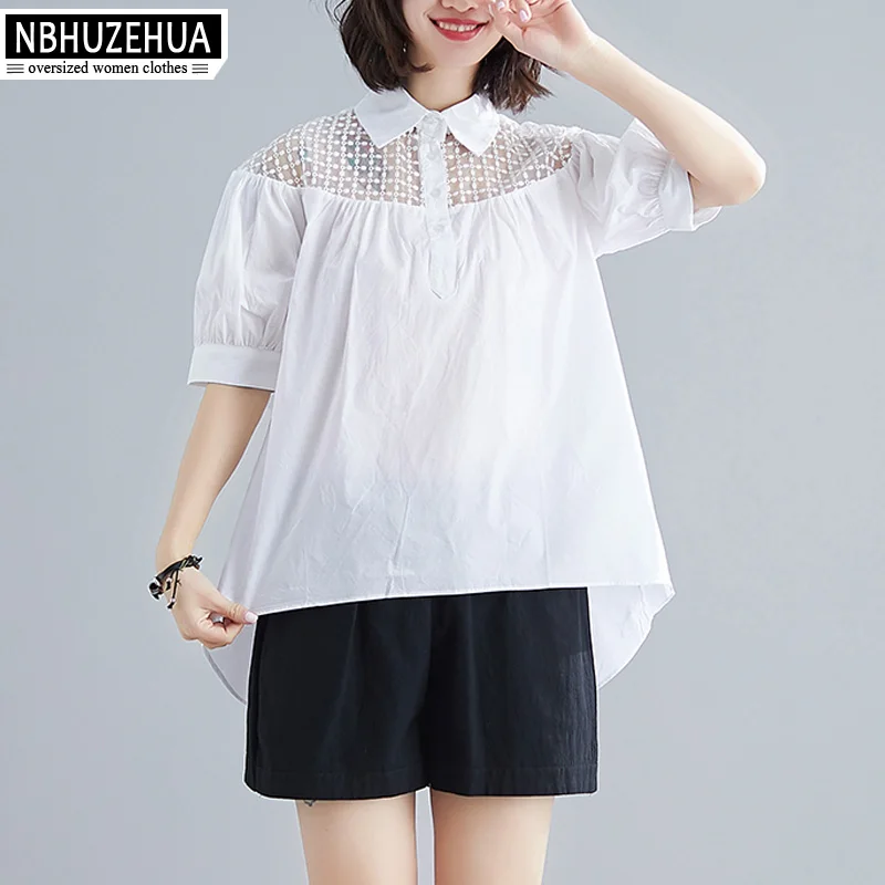 Блузка NBHUZEHUA 2019 из хлопка с милым кружевным вставками, белая, с короткими рукавами, летняя, больших размеров, рубашки 4XL XXXL 19-D203