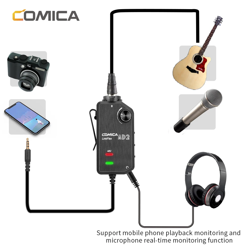 COMICA LinkFlex AD2 XLR/6 35 мм до 3 5 аудио предусилитель адаптер с фантомным питанием для