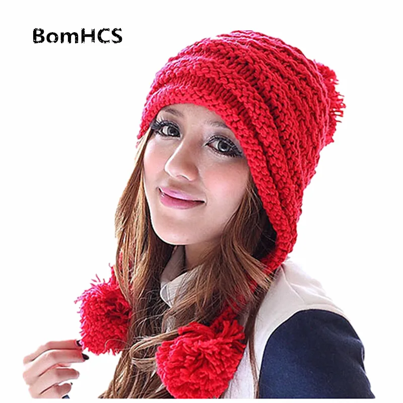 BomHCS, корейский стиль, модная женская зимняя теплая шапка, ручная работа, вязаная шапка с цветком - Цвет: Red