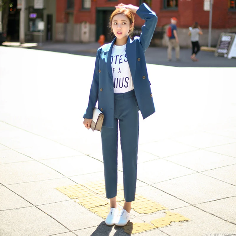 

Spring and autumn temperament was thin suit jacket women's high-end double-breasted Korean casual suit + pants two-piece /suit