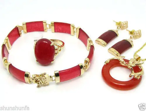 

Wedding Banquet Red jade necklace pendant earrings bracelet Ring 18KGP Sets