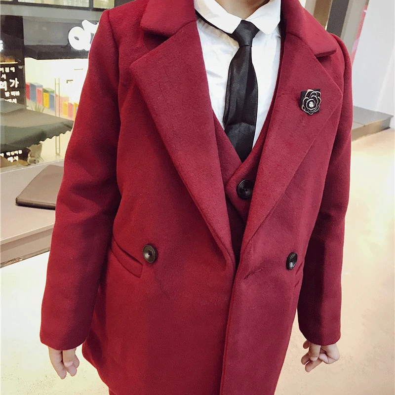 3 sets of children's clothing winter boy's 2019 new product plus cotton woolen long coat vest pants three-piece |