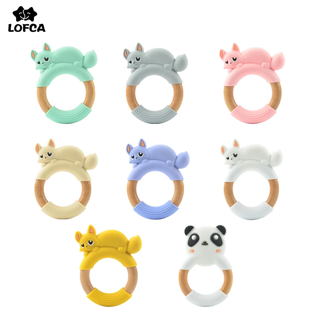 Silicone Fox Panda Teether Wooden Ring BPA Free Nursing Accessories Chewable Wooden Baby Teethers Natural Safe Necklace Bracelet