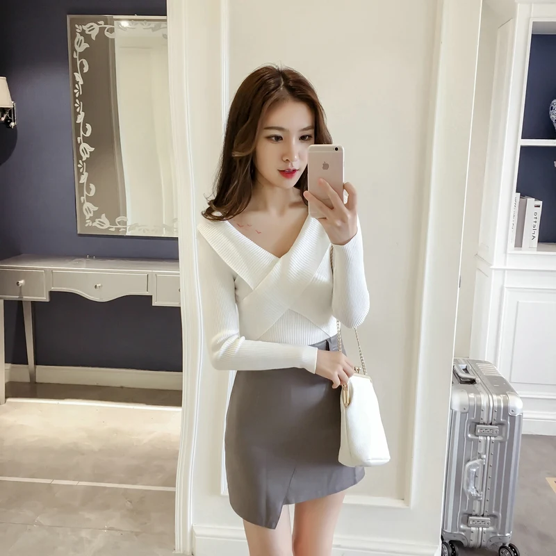 Новый Модный женский свитер с длинным рукавом и v-образным вырезом осень 2018