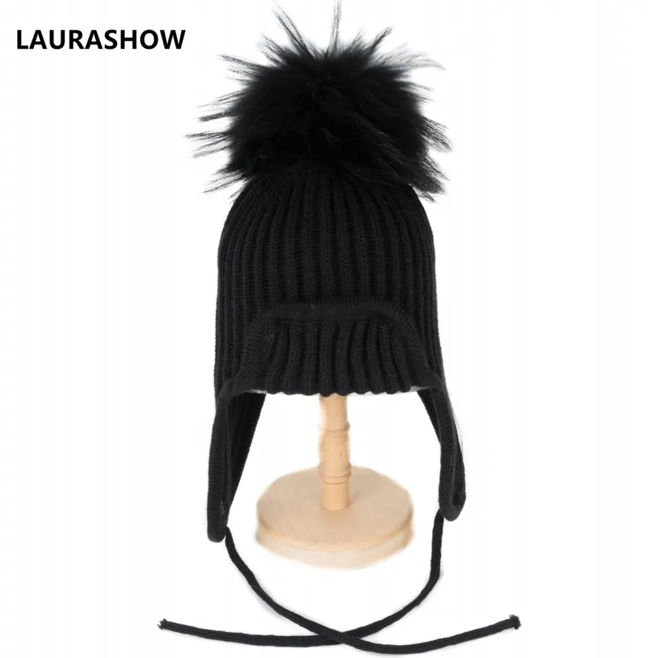 46-56cm LAURASHOW/зимняя детская шапка с меховым помпоном для детей, От 3 до 12 лет зимняя теплая шапка Skullies из 30% шерсти - Цвет: 46-56cm