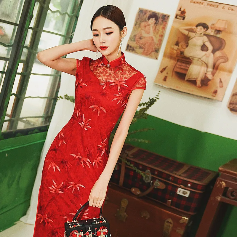 Традиционная китайская Свадебная вечеринка невесты красное кружево Cheongsam qipao