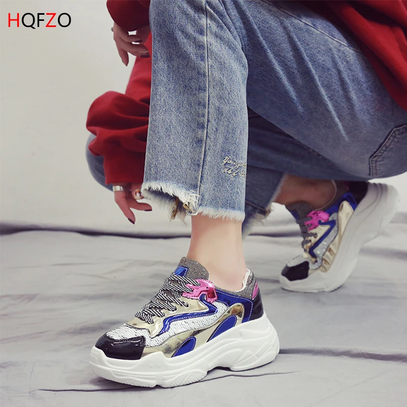 HQFZO 2019 Fashion Pantshoes Bling Platform Vulcanize Sneakers Spring Wedge Lace-Up Women Shoes Breathable Casual Female | Обувь