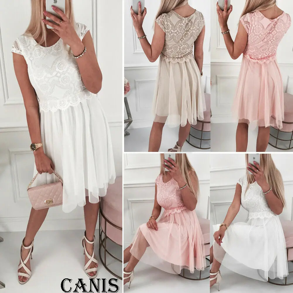 Hot New Women Summer Boho Short Midi Lace Flower Dress Evening Party Club Beach Dress Sundress Elegant Soft Dresses