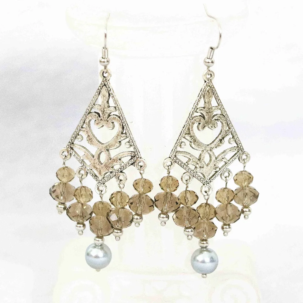 

European silver-color gray 7 rows elegant necklace earrings round shell simulated-pearl crystal beads unique jewelry set B1311