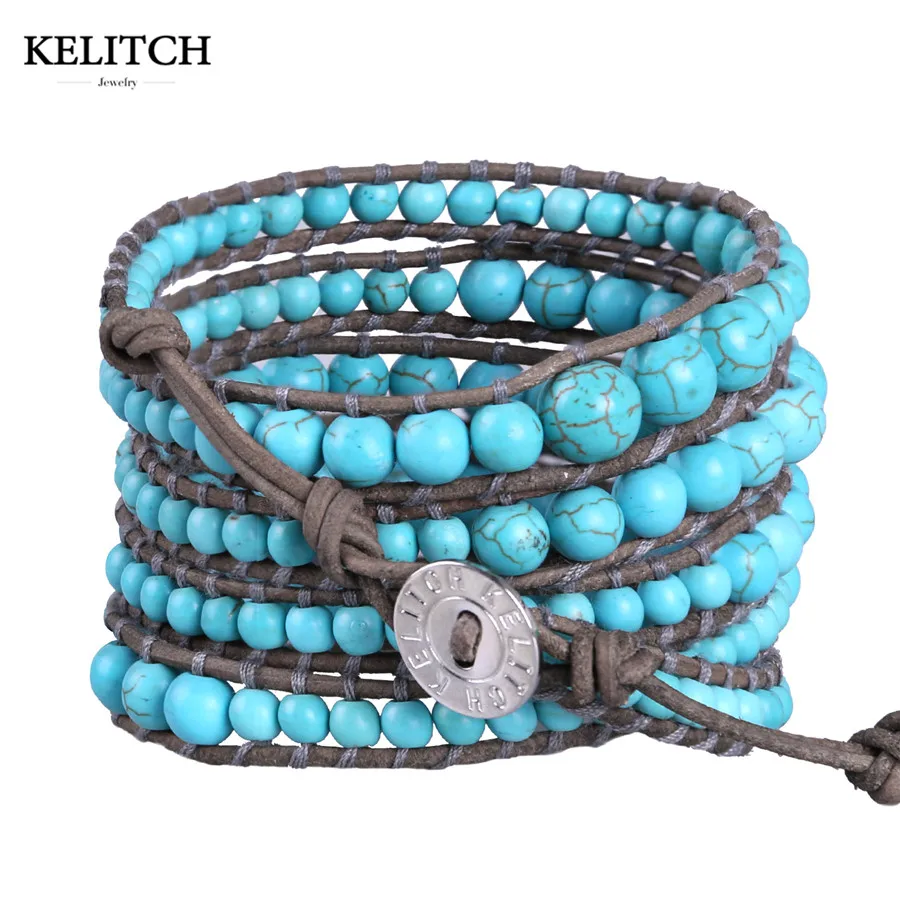 KELITCH новые летние пляжные кожаные браслеты Bijoux большая нить с каменными бусинами