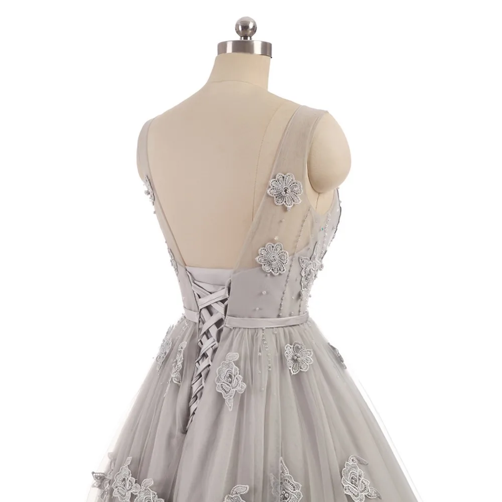 WeiYin Robe de Soiree Elegant O-neck Sleeveless Appliques Beading Evening Party Gray Lace Tea-Length Dresses | Свадьбы и торжества
