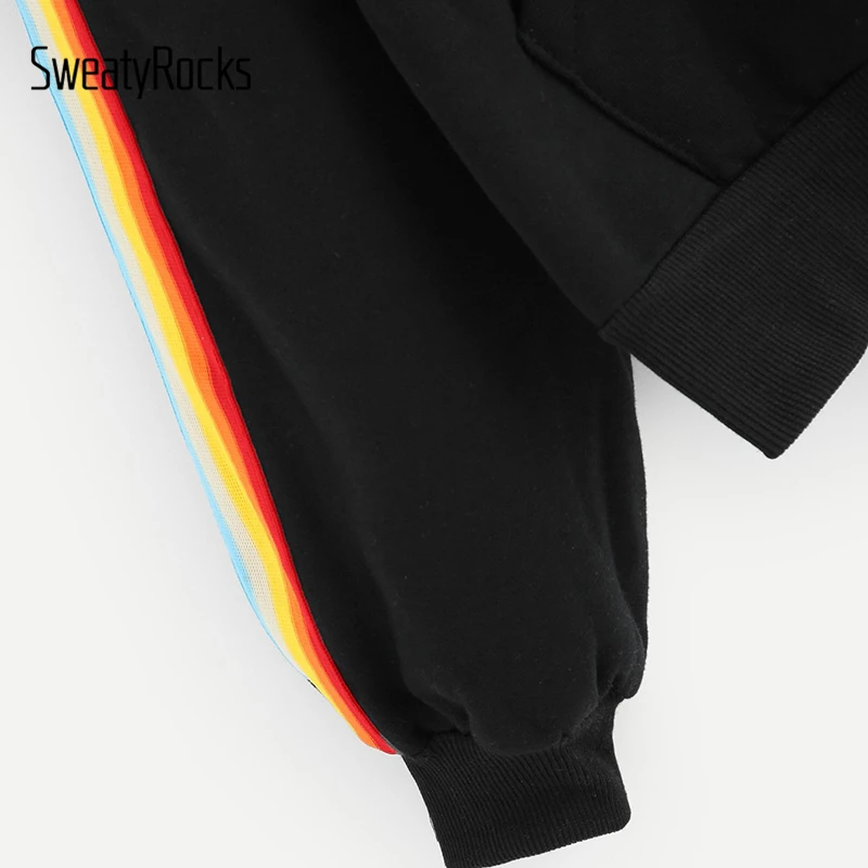 SweatyRocks Черная куртка в радужную полоску с длинным рукавом на шнурке с капюшоном на молнии осеннее женское повседневное пальто