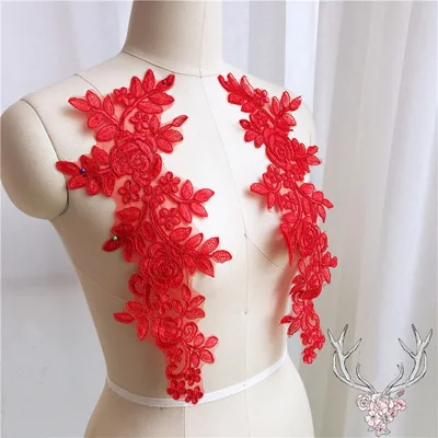 Red Швейные кружевные ткани 2 пары 14*35 см цвета Ganza вышивка цветок большая Кружевная аппликация для свадебного платья, свадебное платье - Цвет: Red