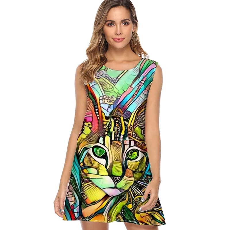 

Colorful Forest and small animal Chiffon Dress Women 2019 New Fashion Print Casual Summer Dress Mini Female Party Dresses