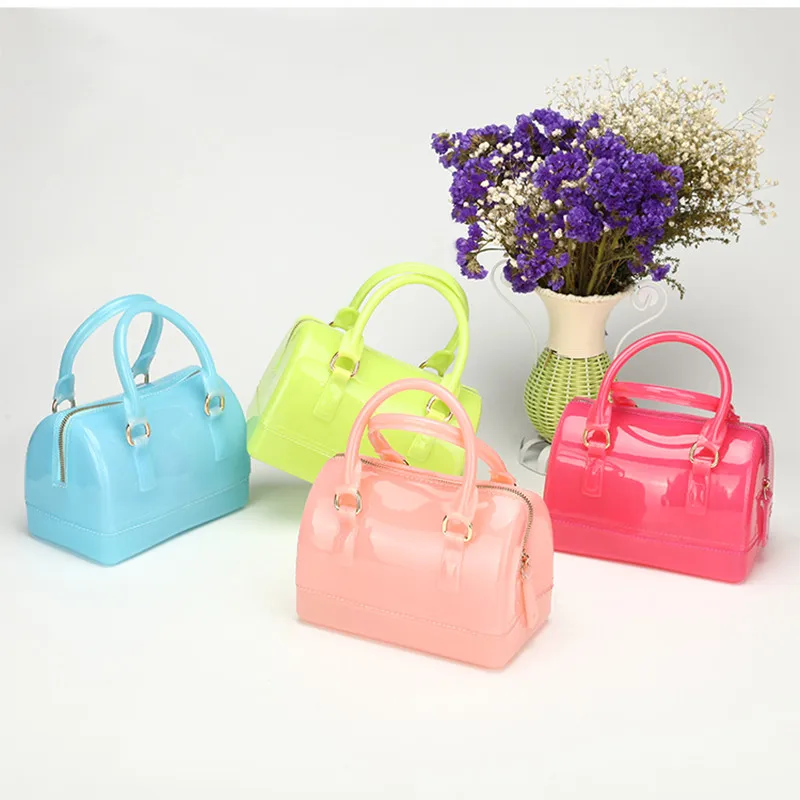

Jelly Small Size 18cm Kid Girls PVC Candy Colors Jelly handbag Shell Shoulder Bag SiliconTote Beach messenger Bag bolsa Purse