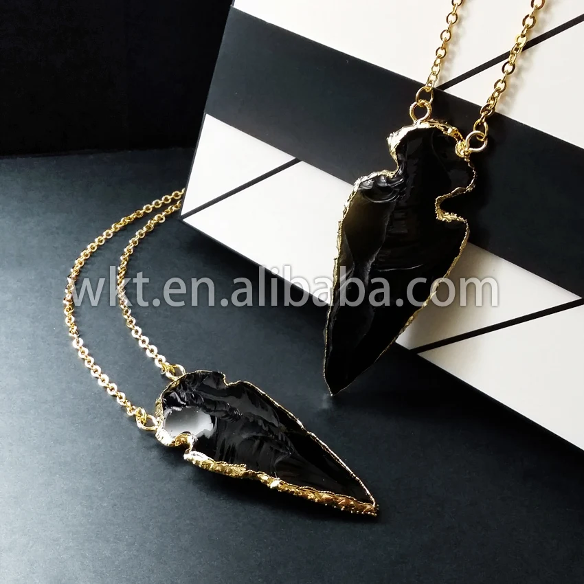 

WT-N153 New!! Sideways Arrowhead Double Bail Black Obsidian necklace with 24k Gold Electroplated