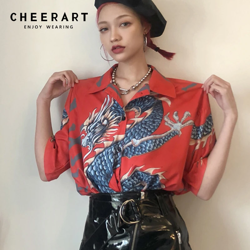 Cheerart harajuku блузка женская летняя рубашка дракон принт streetwear топ женский красная с