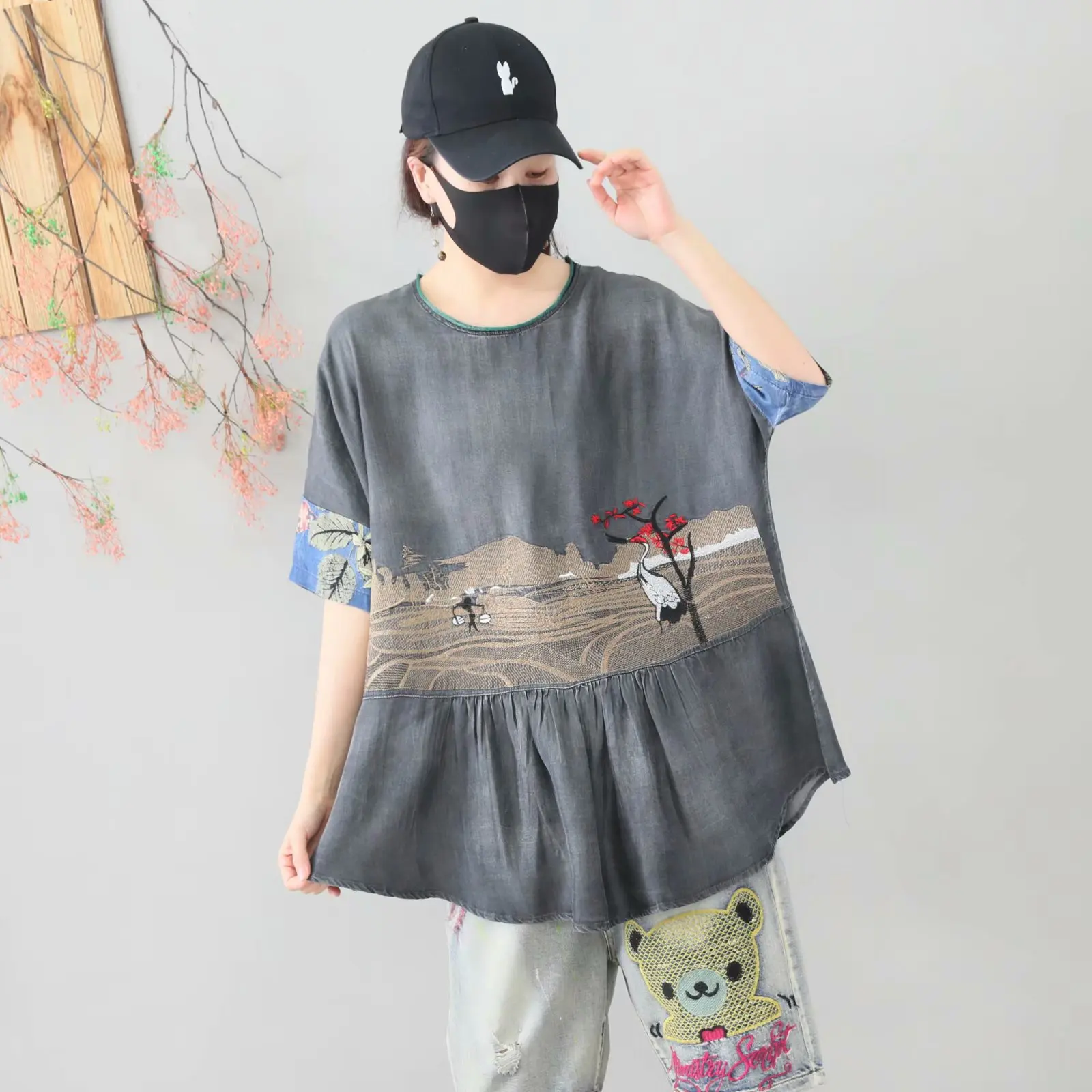 Винтажная Футболка женская джинсовая свободная с круглым вырезом Воротник