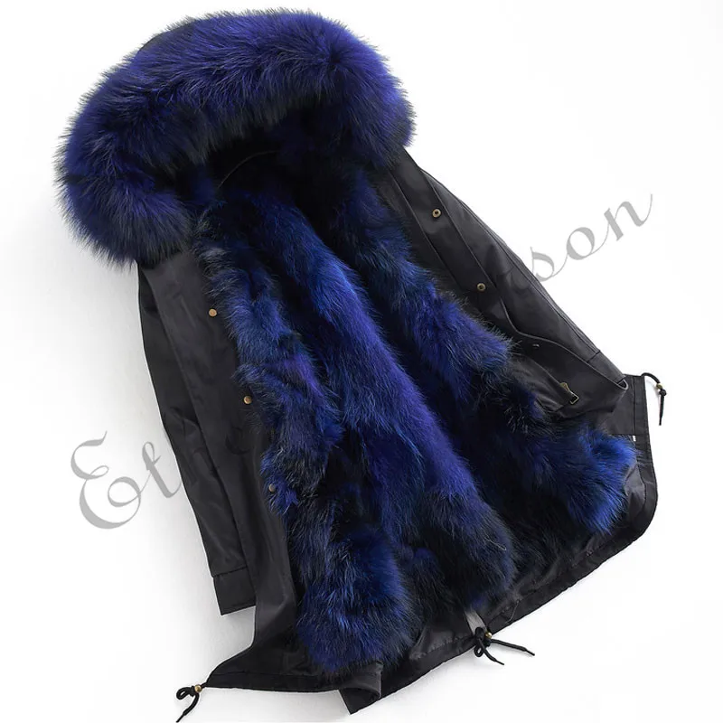1 Royal Blue 110CM Этель ANDERSON Для женщин длиной до пола енота меховой воротник пальто с капюшоном, парки, верхняя одежда со съемным Армейский зеленый 3 стиля с меховой подкладкой зимняя куртка - Цвет: 1 Royal Blue 110CM