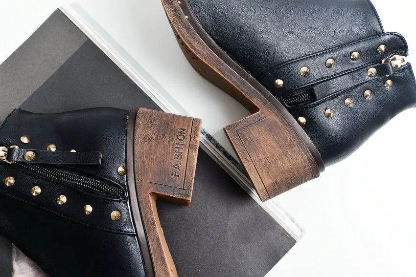 QUTAA Round Toe Casual Women Ankle Boots Winter Warm Fur Antiskid Shoes Fashion Rivet Thick Heel Zipper Boots Size 34-43