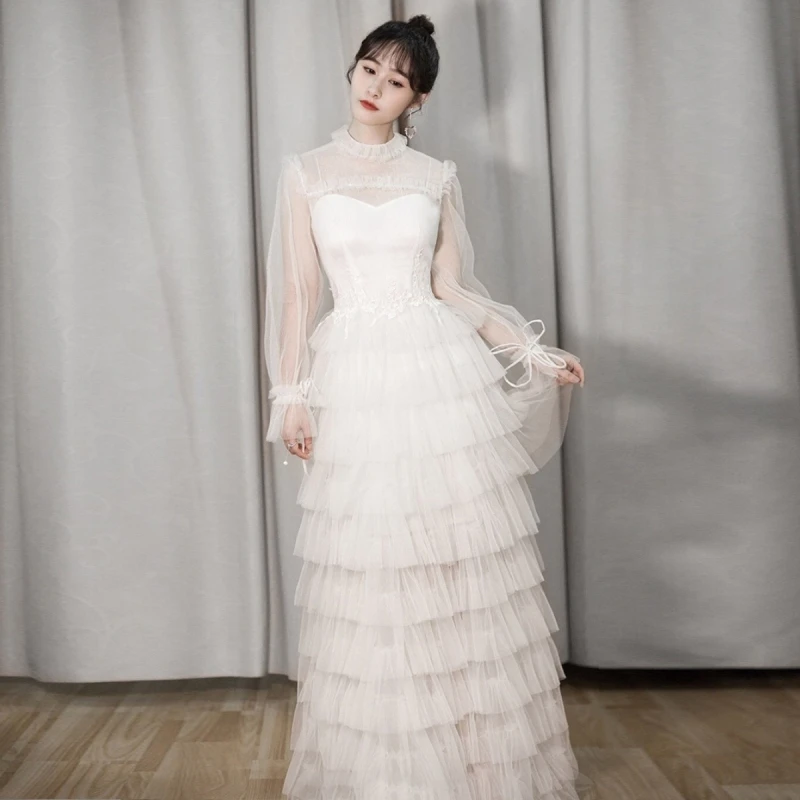 Высококачественное белое платье длинное 2018 женский прозрачный длинный рукав пол