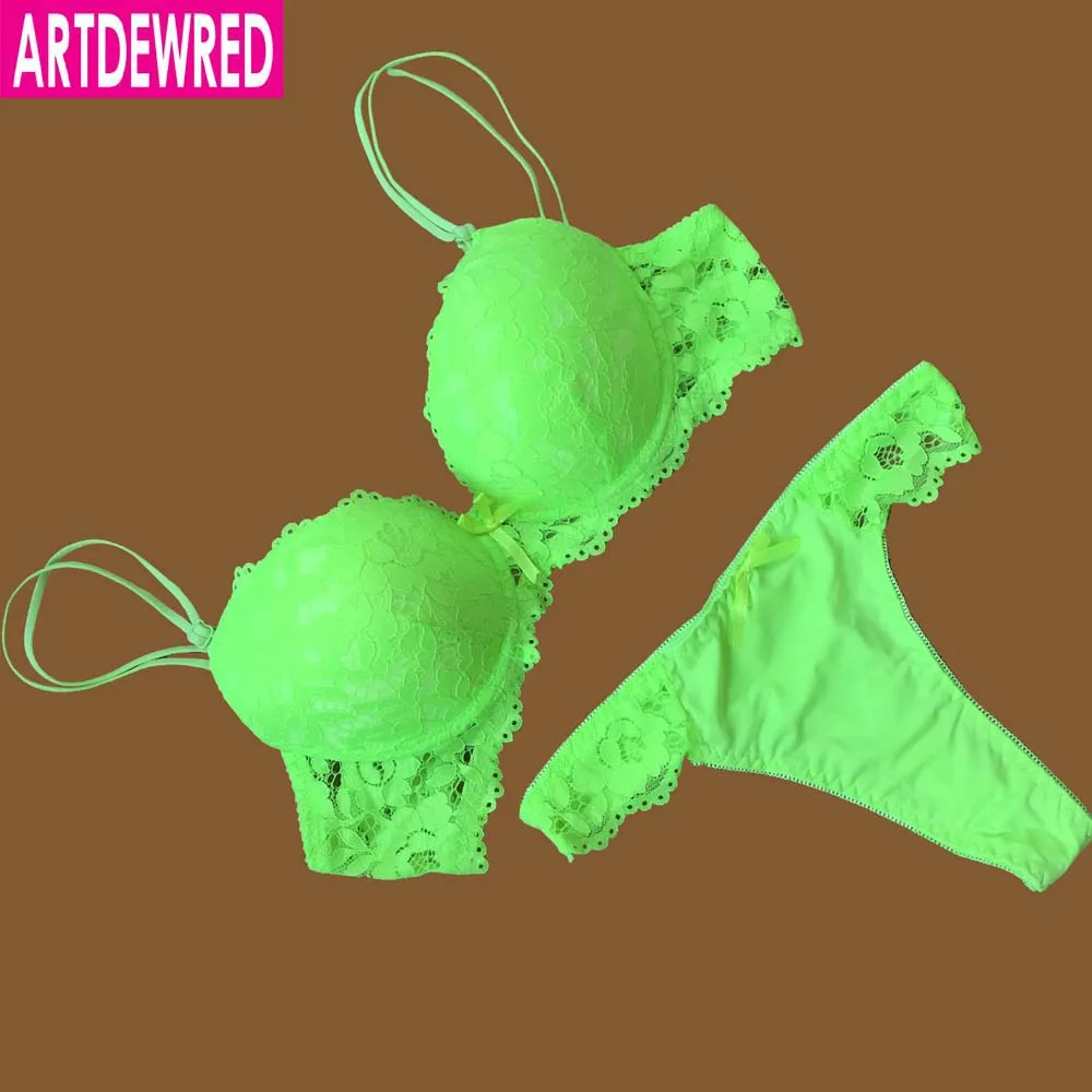 ARTDEWRED сексуальный кружевной вышитый цветы размера плюс двойной плечевой ремень бюстгальтер набор глубокий v-образный вырез женские пуш-ап комплекты нижнего белья - Цвет: Fluorescent green