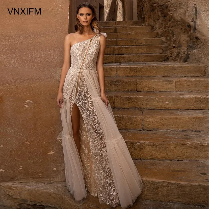 VNXIFM 2019-bridal-one-shoulder-full-embellishment-slit-skirt-boho-chic-a-line-wedding-dress-backless-sweep-train | Свадьбы и