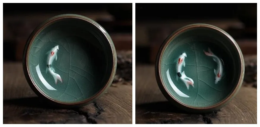 1 fish and 2 fishes 2 шт./лот Celadon Карп чайная чашка Longquan Chinse fish кунг-фу чашки/Binglie глазури чашки с изображением карпа/маленькая чайная чаша - Цвет: 1 fish and 2 fishes