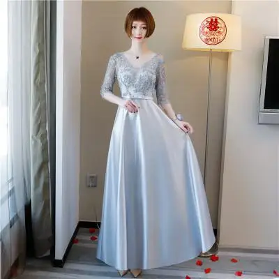 Women Wedding Bridesmaid Dress Sexy Flower Qipao Elegant Solid Lace Long Vestido De Festa Plus Size Girl Garden Cheongsam XS-3XL - Цвет: Silver Gray 12