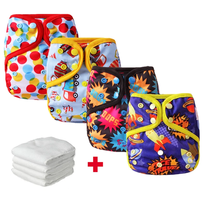 

4pcs Baby Nappies Cloth Diaper Reusable Diapers Waterproof Diaper Cover Baby Nappy Newborn Washable Nappies With 4pcs inserts