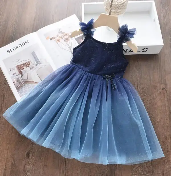 2019 Summer Blingbling Mesh Sling Dresses For Kids Baby Princess Sweet Pink Blue Dress 6 pcs/lot Wholesale | Детская одежда и