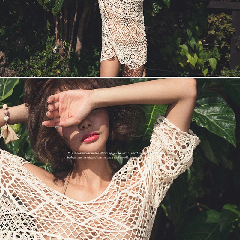 

Women Beach Cover Ups Loose Long Blouse Bikini Outwear Pullovers Lace Hollow Short Dress Beach Wear Vacation See Through Protect