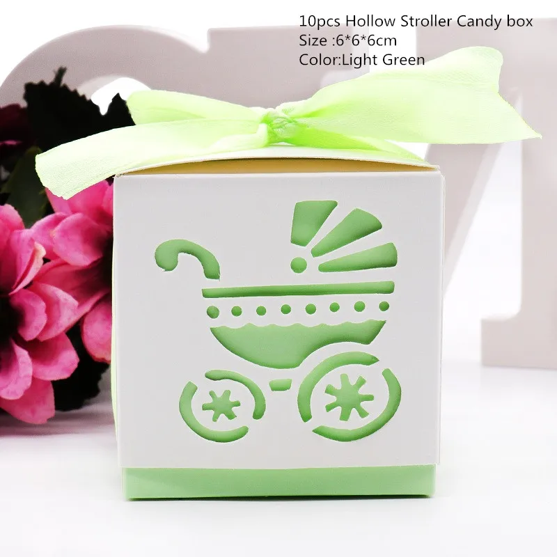 Stroller Light Green 10 шт., украшение душевой кабины для малышей, Детская конфетная коробка, детский день рождения для мальчиков и девочек, вечерние, розовые/синие, с лазерной огранкой, Подарочная коробка для коляски - Цвет: Stroller Light Green