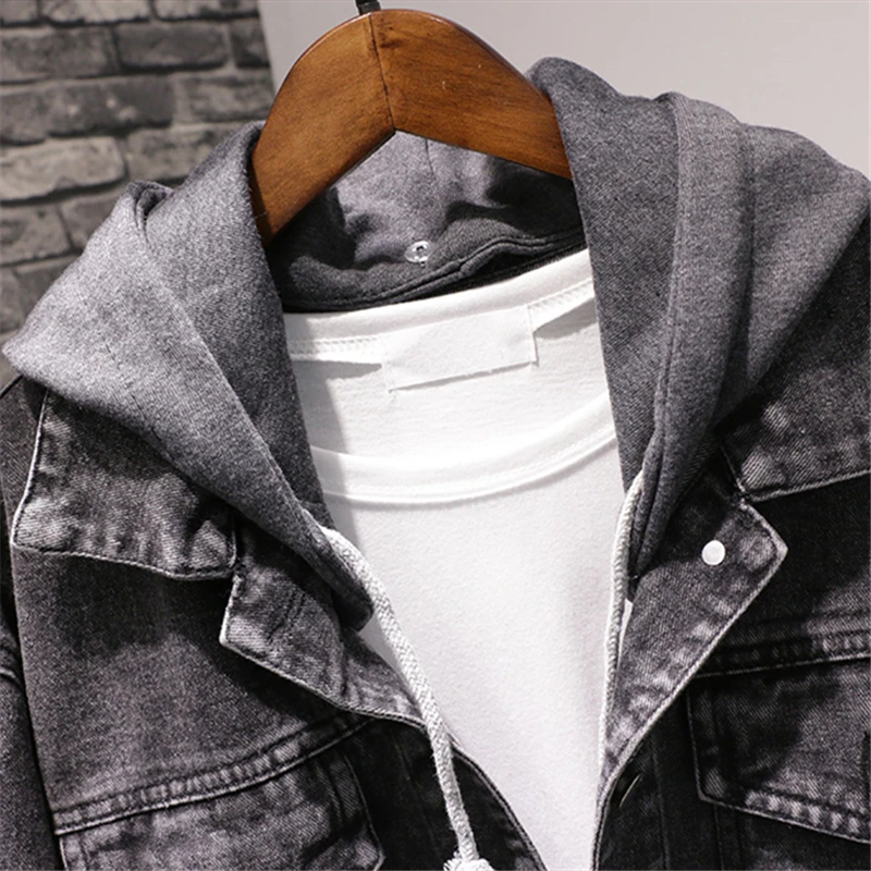 Весенне осенние новые женские черные свободные джинсовые куртки с капюшоном