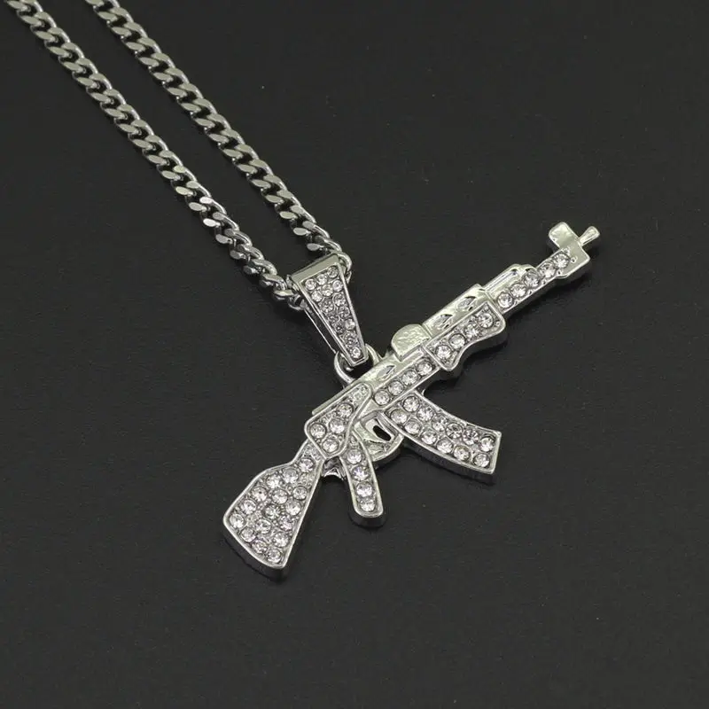 silver Bling bling пистолет AK-47 хип-хоп кулон ожерелье, iced out кубинская Длинная цепочка ling золото серебро ювелирные изделия - Окраска металла: silver