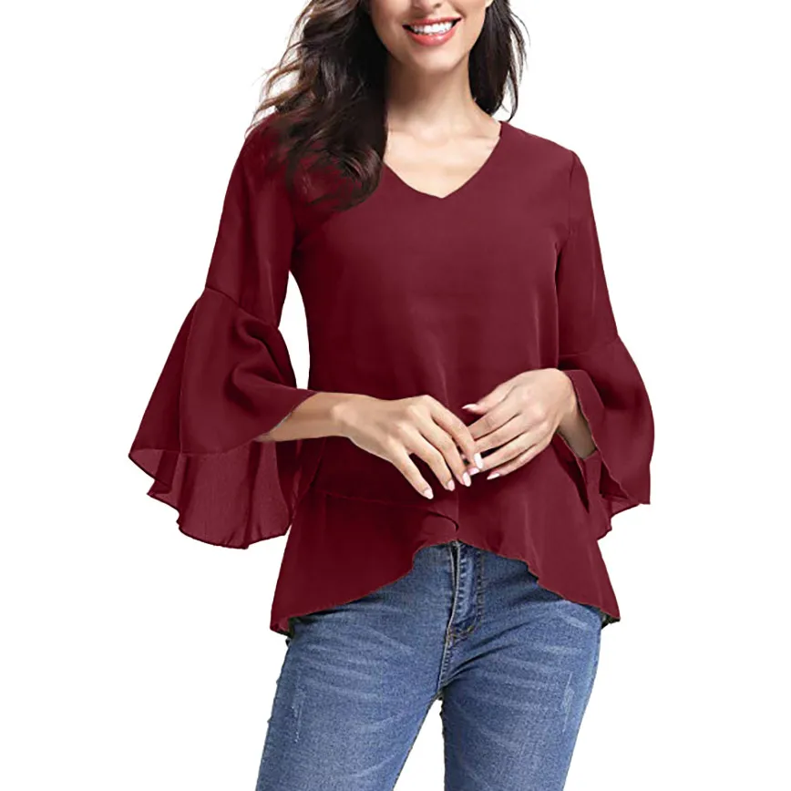 Hot Sale Tops Blouse Shirt Women Ladies Summer V-Neck Bell Sleeve Solid Chiffon Tunic #45 |