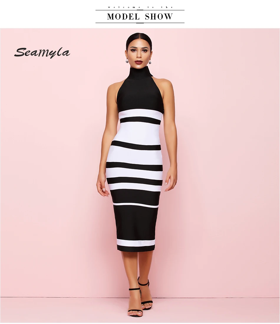 Seamyla Vestido, новинка, Бандажное платье, женское, сексуальное, без рукавов, в полоску, бодикон, знаменитостей, платья для вечеринок, элегантная Клубная одежда, платье миди