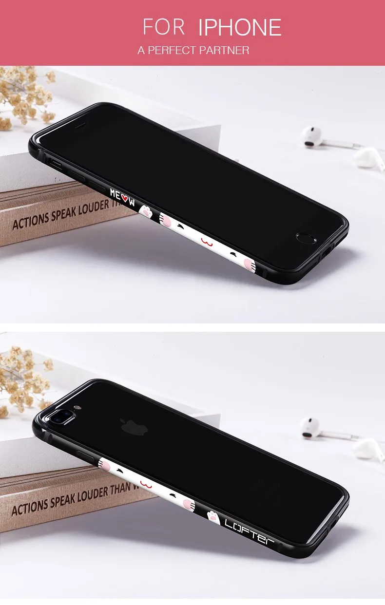 Алюминиевый бампер с милым котом для iPhone 6, 6s, 7, 6 Plus, 6s, 7 Plus, металлический сплав, рамка, мягкая боковая защита, тонкие Чехлы, задняя крышка