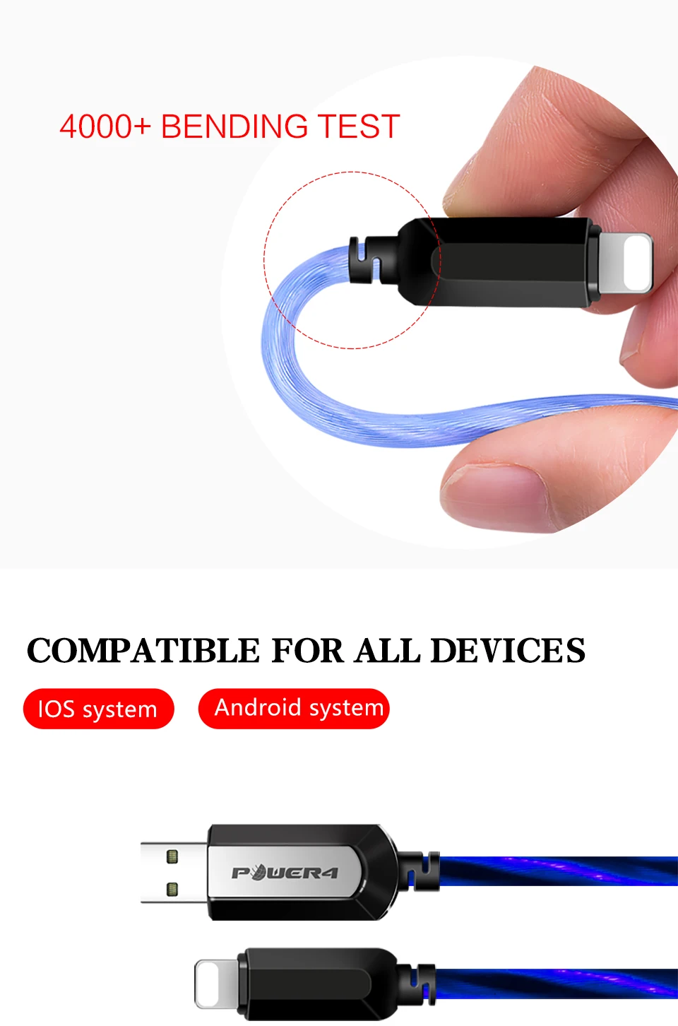 Power4 усиленный Micro кабель usbc для iPhone xs max светящийся светодиодный usb type C кабель для Lightning samsung зарядный кабель Micro