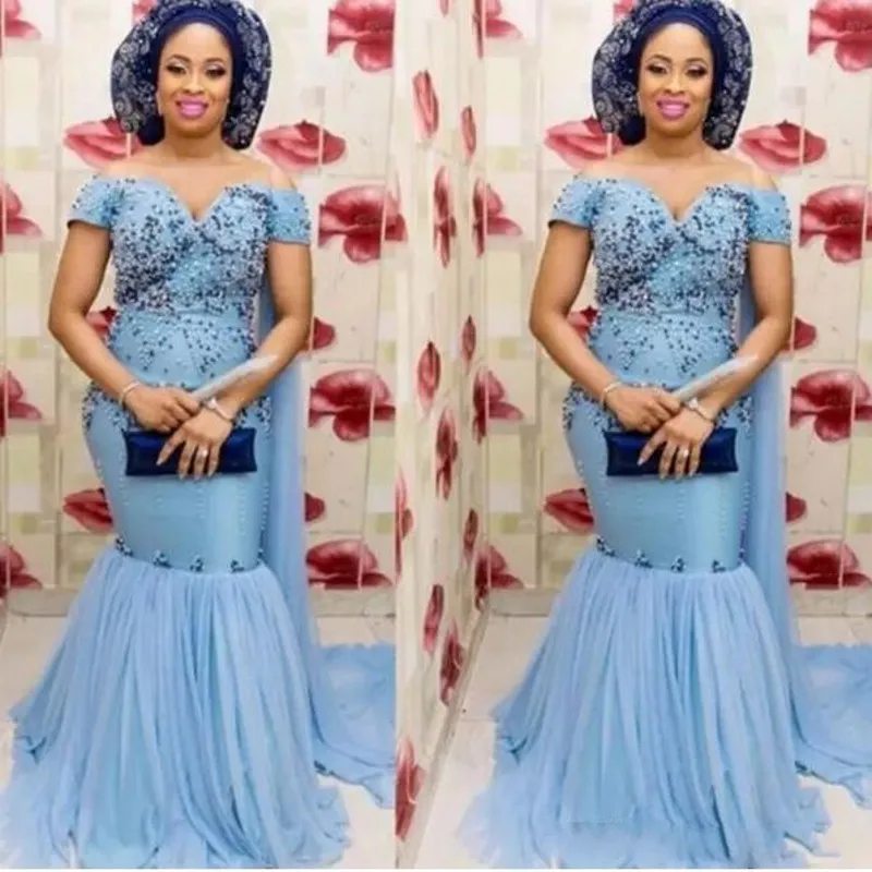 Aso Ebi свадебное платье с бусами Длинные вечерние платья Русалка Элегантное Vestido de festa abiye светло-синее вечернее платье без рукавов