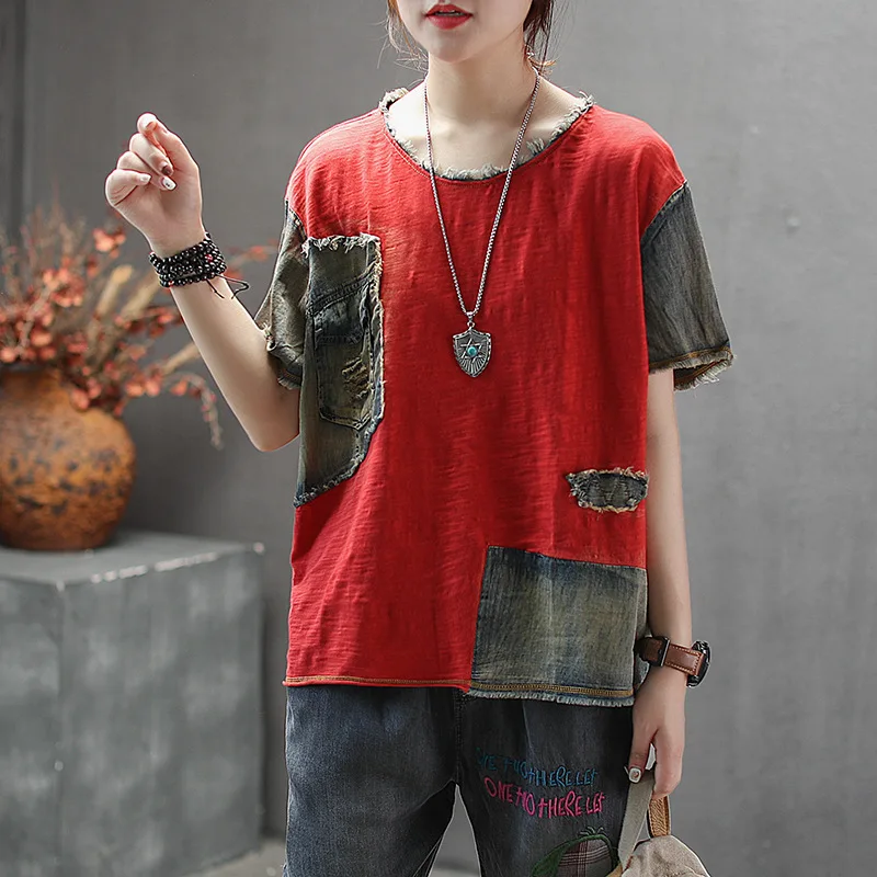 Соединенный внакрой деним отверстие карман футболка женская летняя винтажная