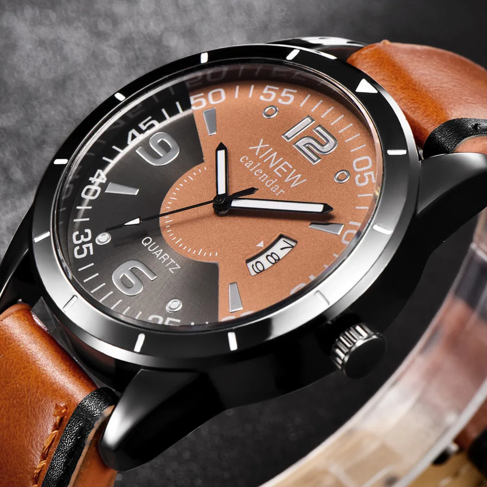 Горячая Распродажа брендовые роскошные часы XINEW мужские кожаные с календарем