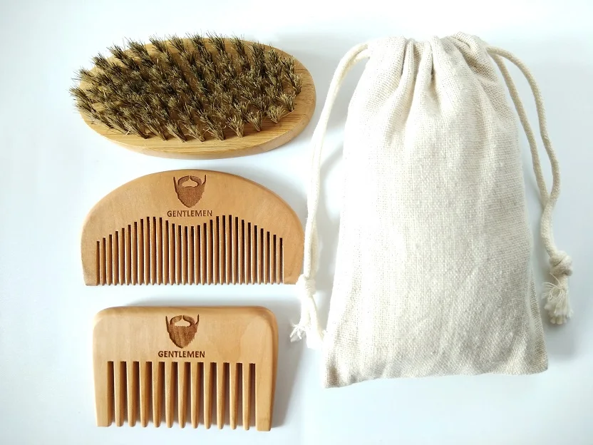 1SET Bamboo Wood Boar Bristle Beard Brush Wide/Fine Tooth Comb For Gentlemen Linen Bag Can |